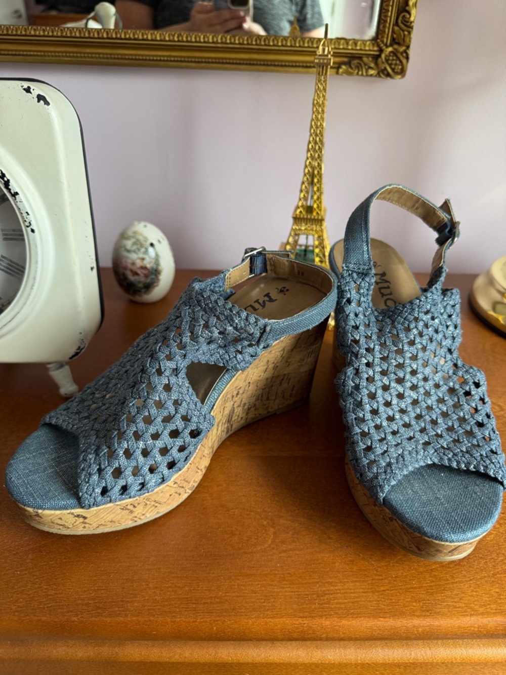 Mudd Blue Woven Cork Wedge Sandals